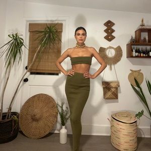 LaQuan Smith Olive tube top and skirt